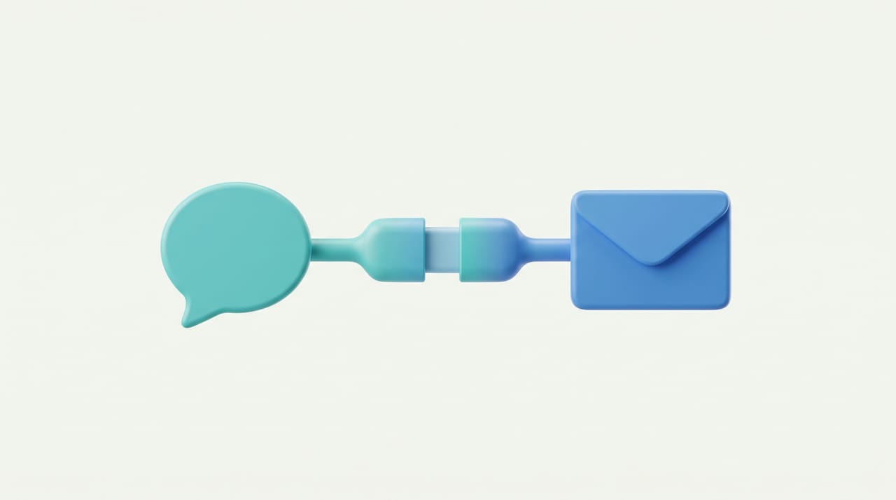 Two connector plugs joining a chat bubble to an envelope, representing ChatGPT connecting to Gmail