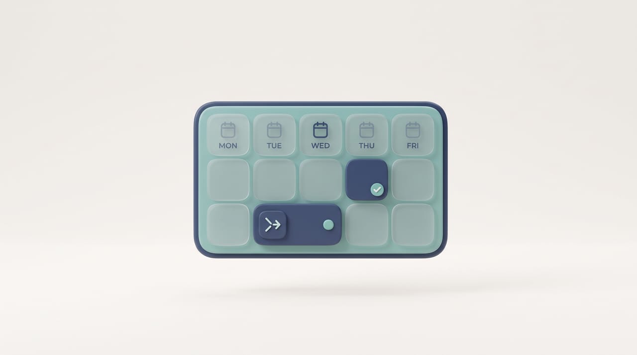 A weekly calendar with a booking-link chip and a confirmed slot, representing a scheduling tool