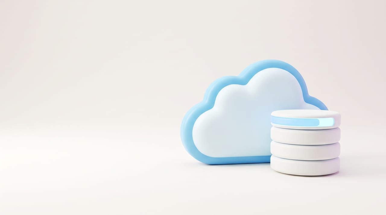 A cloud beside a nearly full stacked-disk storage gauge, representing iCloud storage limits