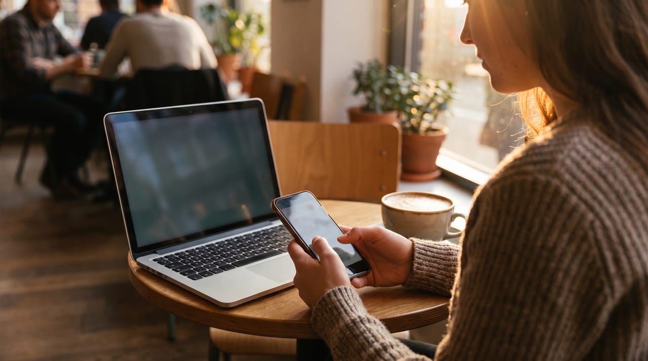 Person at a cafe table checking their phone next to an open laptop and a cappuccino