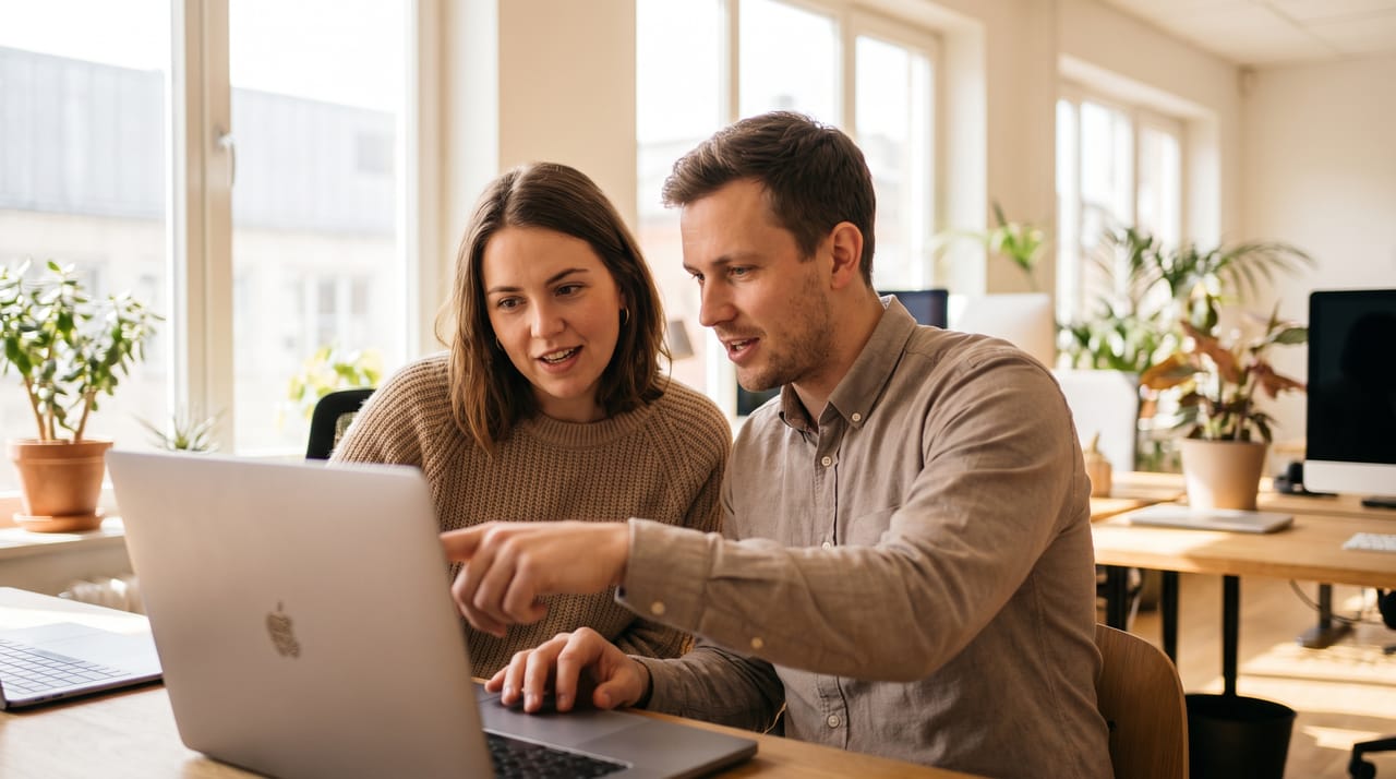Two colleagues in a bright office pointing at a laptop screen while discussing their work