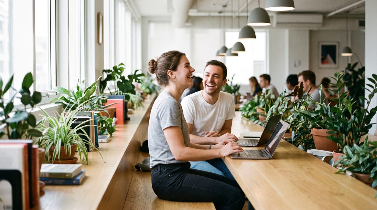 Two colleagues with laptops sitting side by side at a long coworking bench