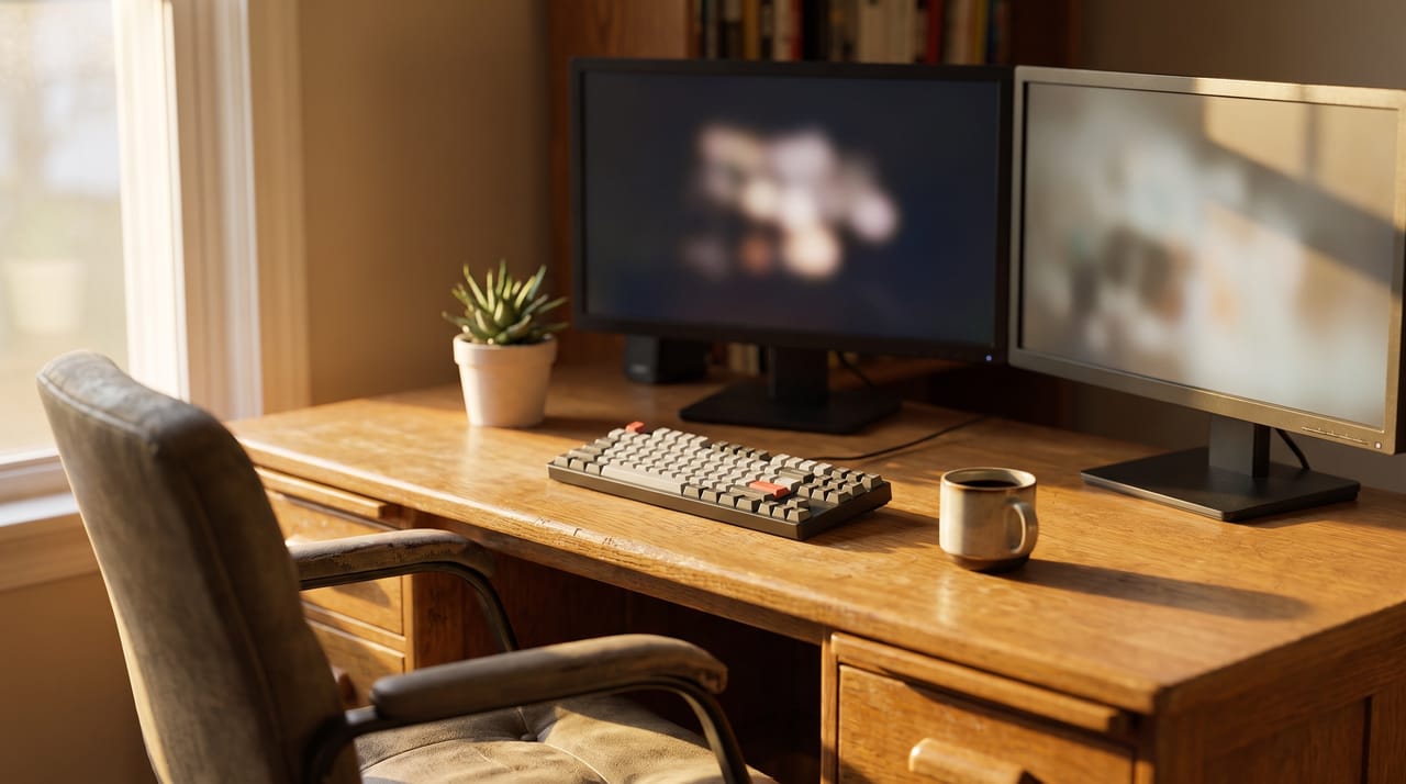 A tidy desk with two monitors showing a design app and a document side by side