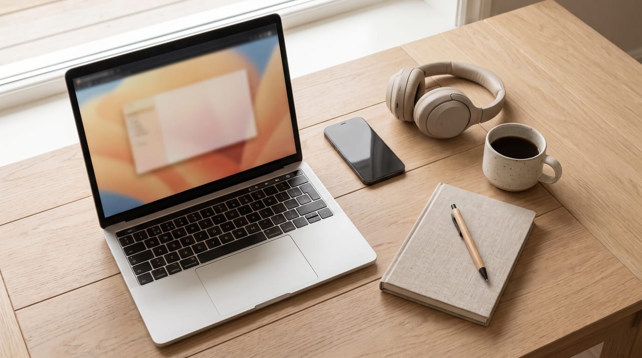 A flat-lay desk with a notebook, coffee, and receipts arranged neatly on a wooden surface