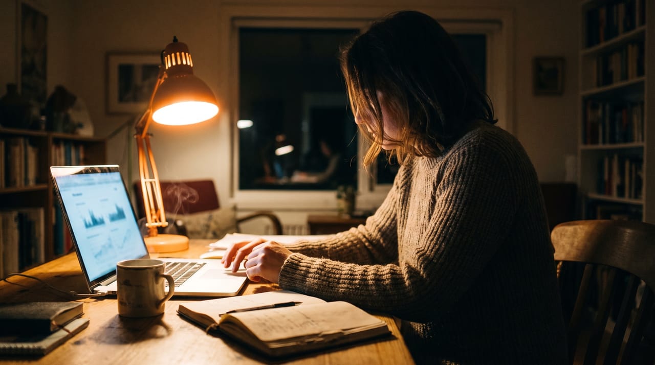 A person working at a desk under a warm lamp in the evening