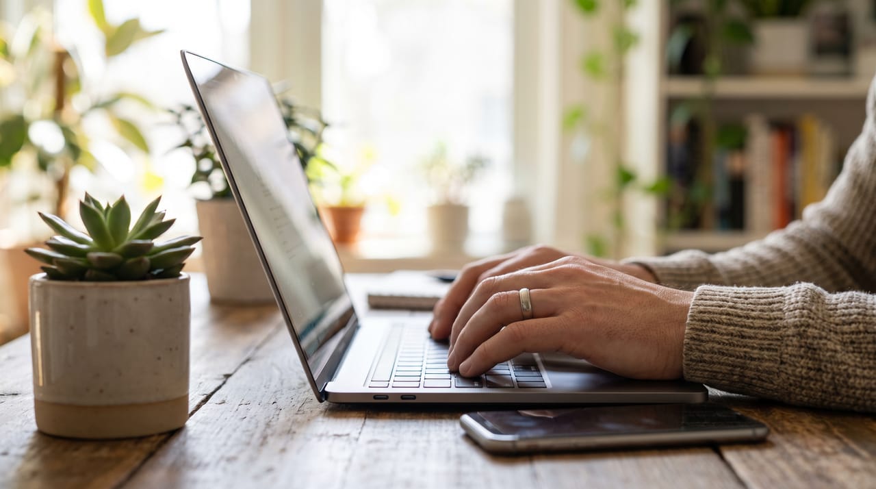 Close-up of hands typing on a laptop at a wooden desk with a phone and a small succulent nearby