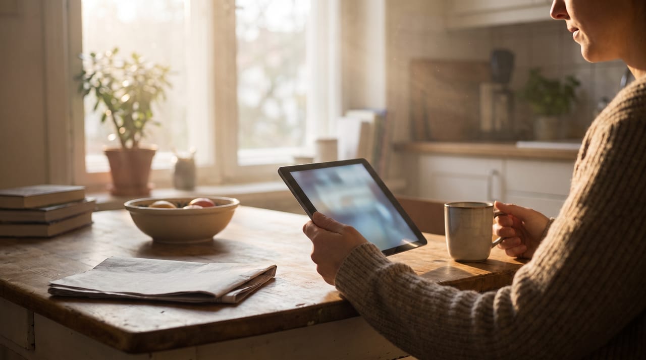 A person holding a tablet with a coffee mug at a sunlit kitchen table