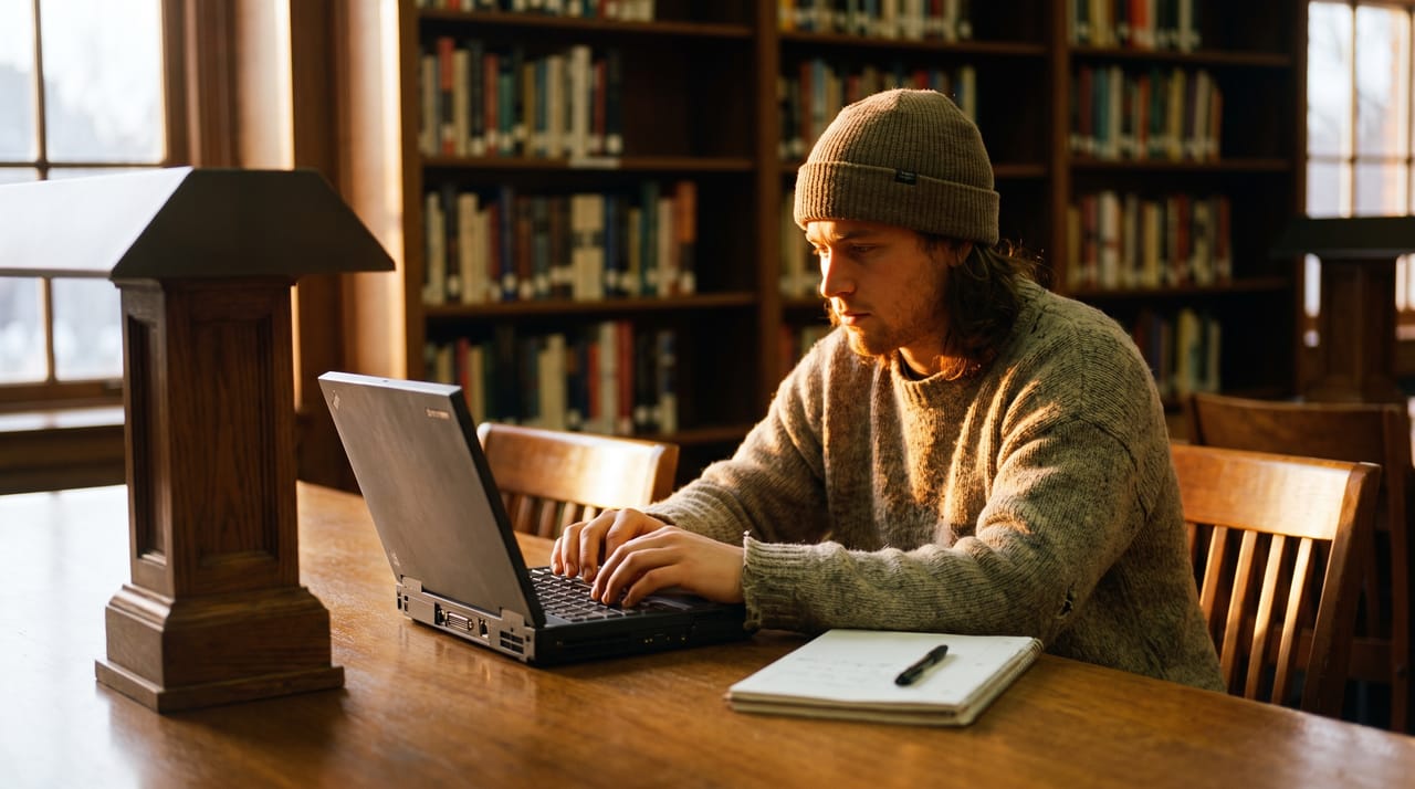 A person working on a laptop at a wooden library table with softly blurred bookshelves behind