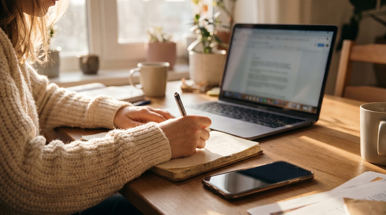 An open paper notebook next to a laptop on a wooden desk in soft daylight