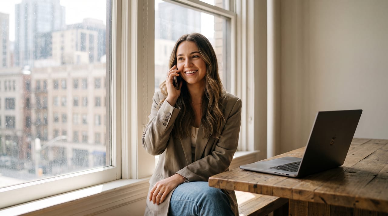 A professional taking a phone call by a large window, laptop open on the desk beside her