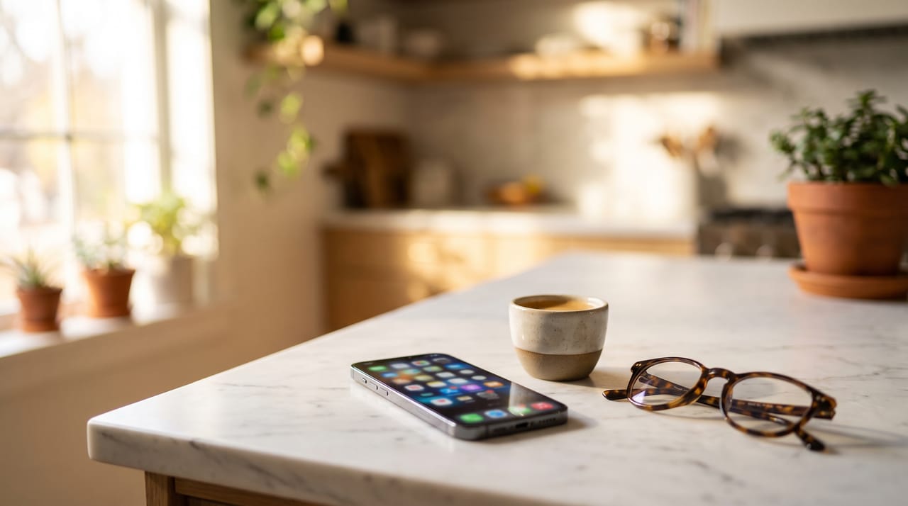 A smartphone on a marble kitchen counter next to an espresso cup and reading glasses