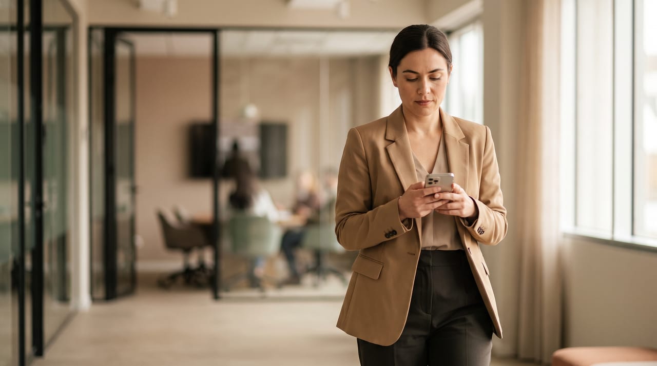 A professional walking through a modern office while reading something on her phone