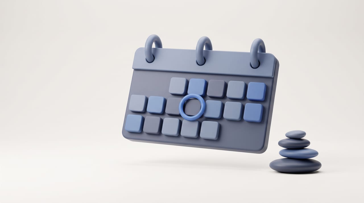 A minimalist calendar with a circled appointment and a zen pebble stack, representing a calm booking tool