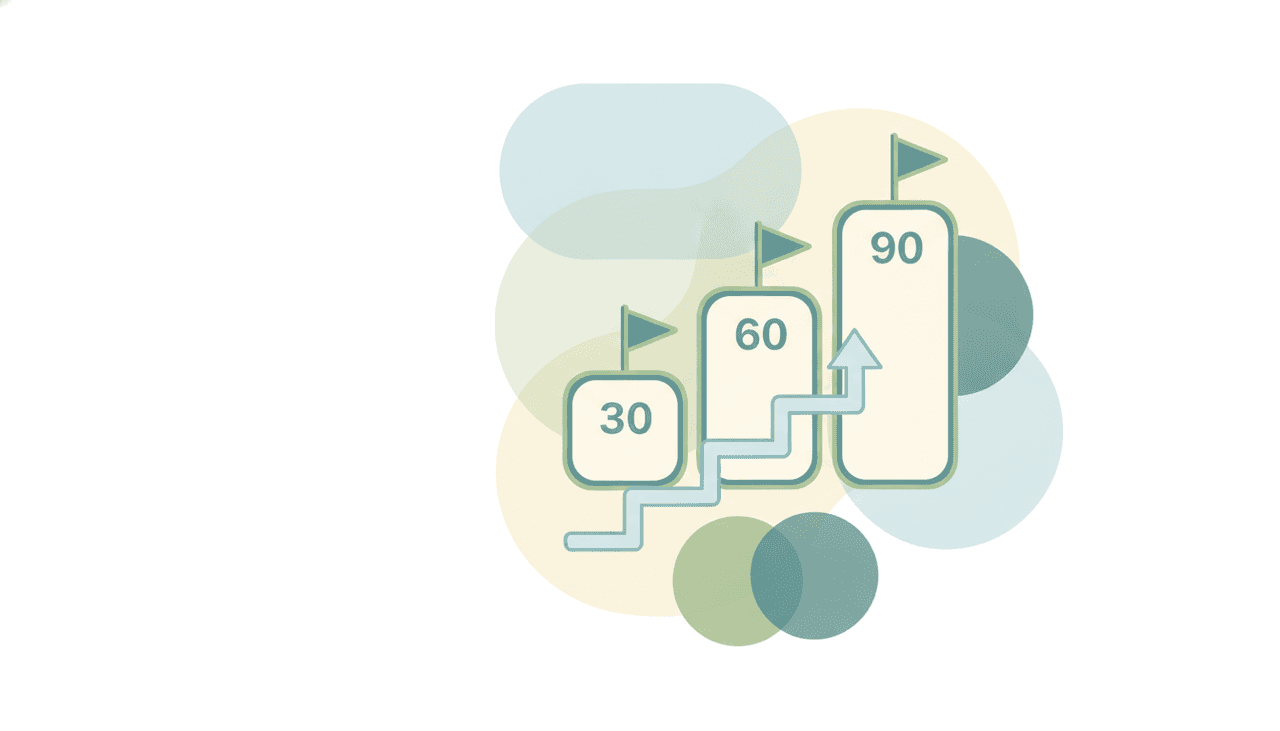 Three ascending milestone cards connected by an upward stepped arrow with flags at the 30, 60, and 90 positions, illustrating a phased onboarding plan