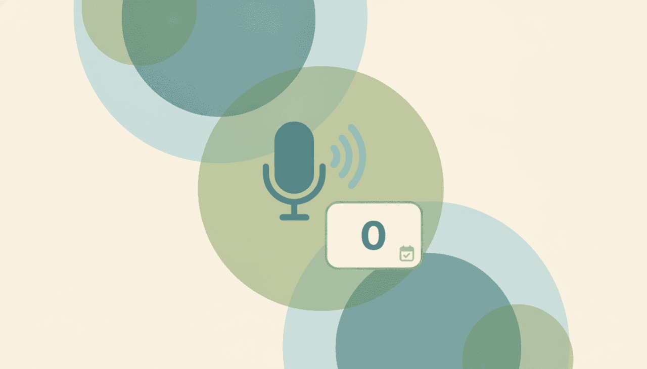 Microphone glyph with a voice wave beside an inbox-zero card, illustrating a voice-first AI assistant