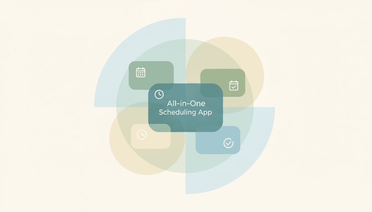 A central all-in-one app card ringed by alternative cards, illustrating Base44 alternatives