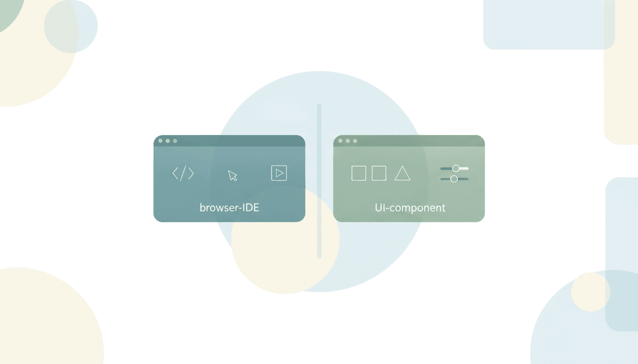 A browser IDE card facing a UI component card, illustrating two AI builders compared