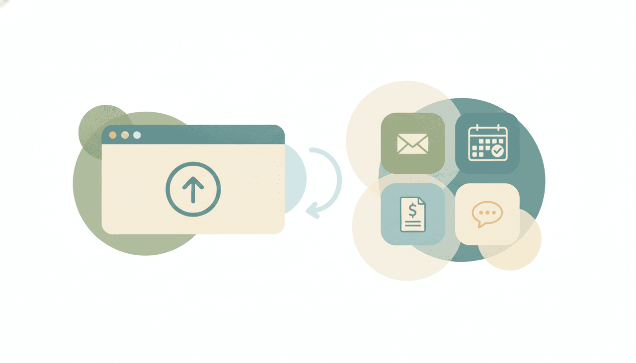 A finished app pointing to ops cards for inbox, calendar and invoices, illustrating running a business after launch
