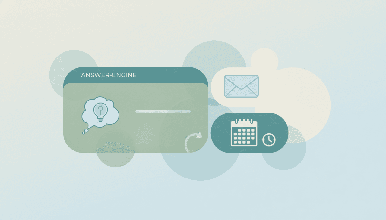 An answer-engine card divided from an inbox-and-calendar card, illustrating research versus an email assistant
