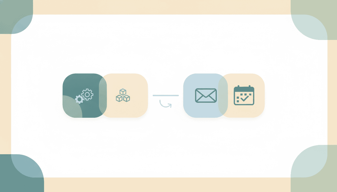 An app-building card divided from an inbox-and-calendar card, illustrating app builder versus email assistant