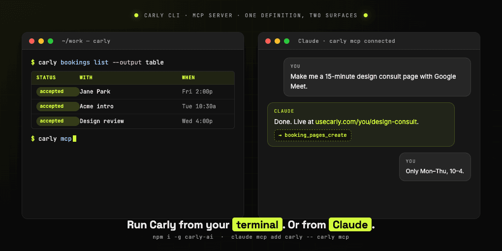 Terminal window with command line prompts launching a scheduling assistant alongside a calendar and AI sparkle icon