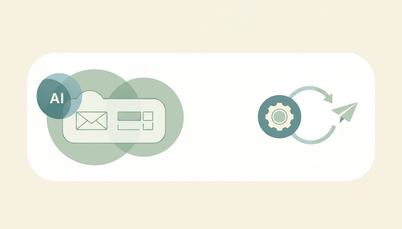 A minimalist illustration of an AI badge over an email inbox panel, linked to a gear and paper plane representing an assistant wired into Gmail