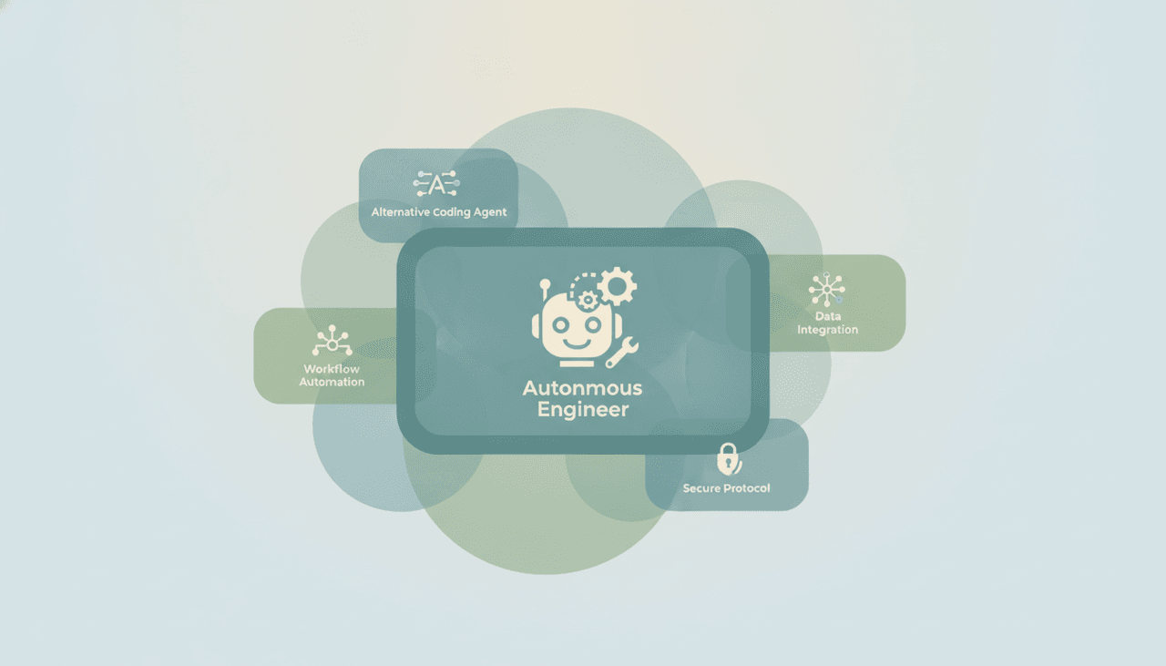 A central autonomous-engineer card ringed by alternative coding-agent cards, illustrating Devin alternatives