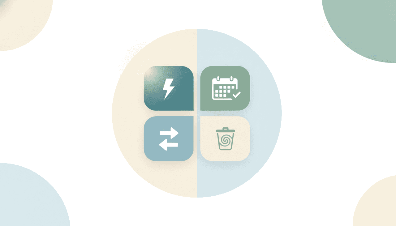 A two-by-two grid of four rounded quadrant cards with distinct icons, one quadrant highlighted, illustrating the Eisenhower urgent-important prioritization matrix