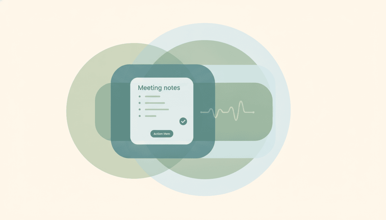 Meeting-notes card with an agenda, sound-wave line, and action-item checkmark, illustrating an AI meeting notetaker