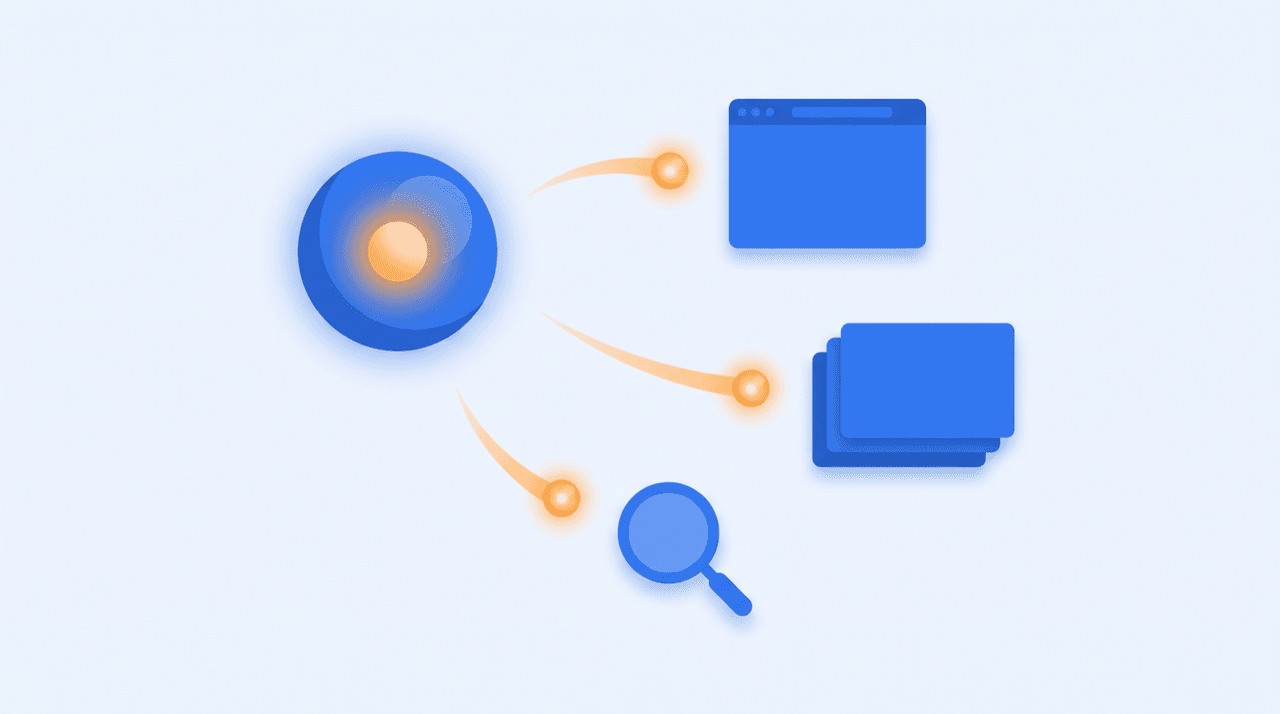 Illustration of a central AI super-agent hub splitting into slides, spreadsheets, and research documents, with alternative assistant app icons alongside an inbox and calendar