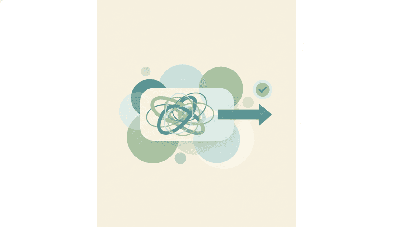 A task card untangling from a knot into a clear straight arrow with a checkmark ahead, illustrating overcoming procrastination and getting started