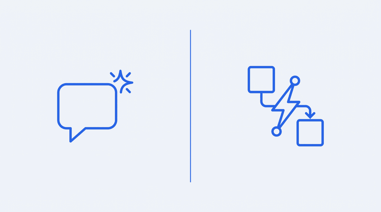 A chat bubble with a sparkle beside a lightning bolt linking two app squares, representing an AI assistant compared with an automation platform