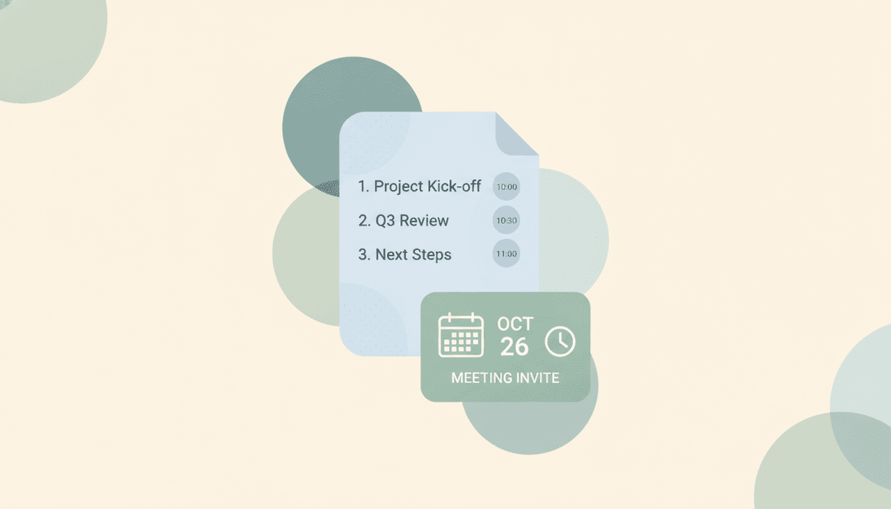 A document card with an ordered agenda list and time markers clipped to a calendar invite, illustrating a structured meeting agenda