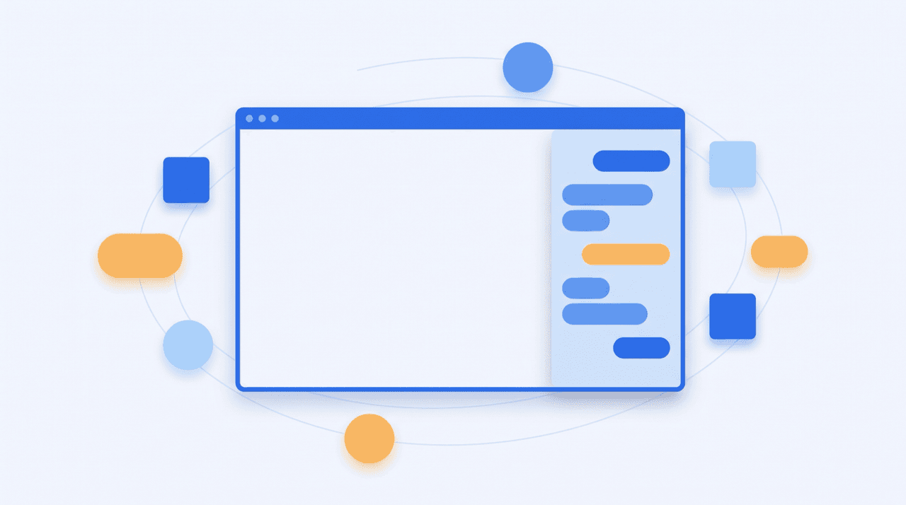 Browser window with an AI sidebar panel open on the right, surrounded by alternative assistant app icons connecting to an inbox, calendar, and documents