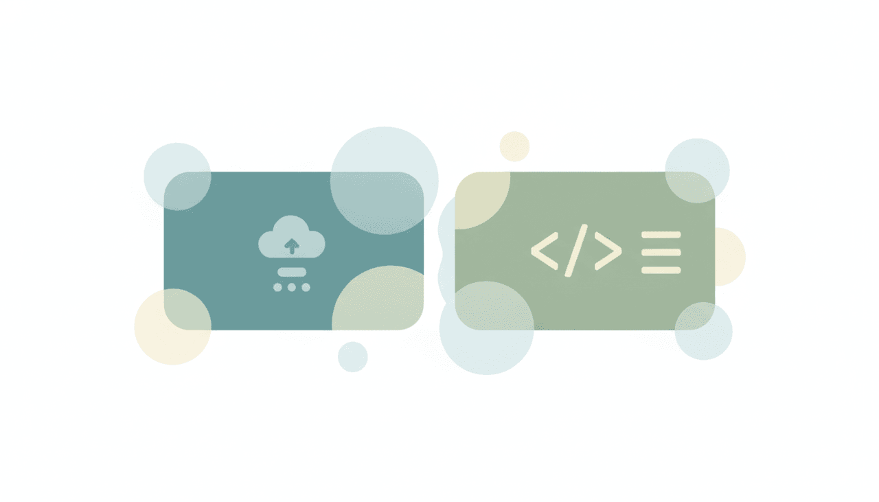 A cloud app-platform card facing a code-editor card, illustrating app platform versus code editor
