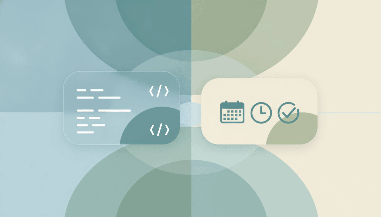 A glass-box code card facing a finished app card, illustrating two AI app builders compared