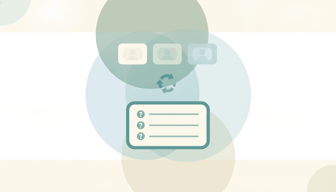 Three small status cards in a row above a daily-loop arrow and a three-question list card, illustrating a short daily team stand-up
