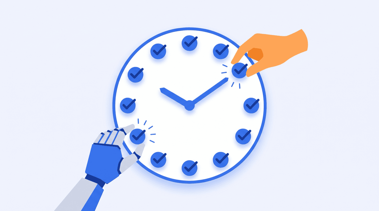 Hourglass on a desk next to a task list being split between a human assistant and an AI-managed inbox and calendar