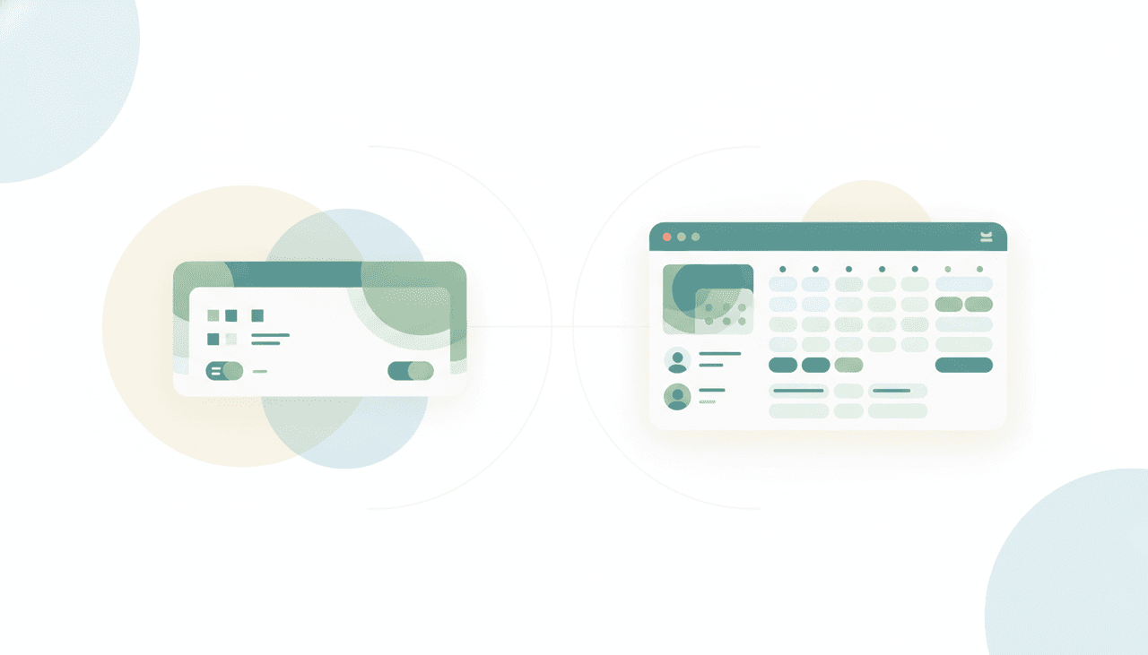 A UI component card facing a full app window, illustrating UI generator versus full app builder